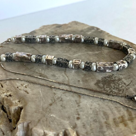 Oxidized Sterling Silver 925 Floral Stamped Rectangular Beaded Pearl Necklace - Picture 7 of 16